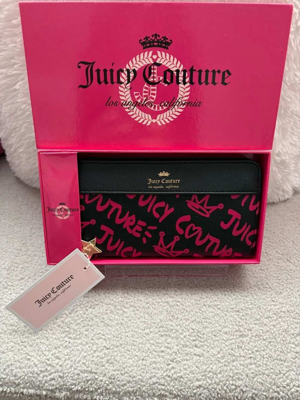 Juicy Couture Black & Pink Graffiti Logo Wallet with Gold Foil Logo New In Box